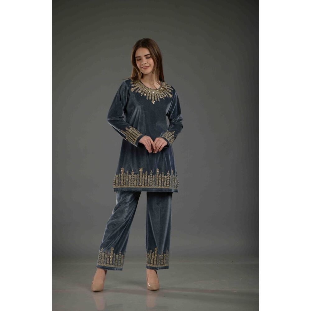 Women's Winter 2 Piece Co-Ord Set Blue color, Size-L, Long Sleeves Embroidered